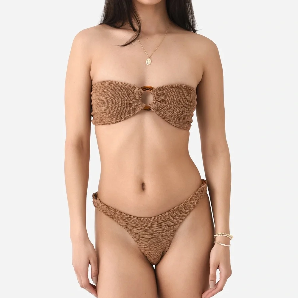 New Hunza G Gloria Bikini SET Metallic Cocoa Seersucker Bandeau Crinkle Tan Cute - Picture 11 of 12